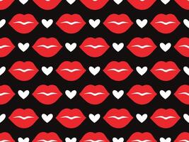 Seamless pattern with red lips and white hearts on black background. Flat playful, romantic design bright colors. Perfect for Valentines Day projects, fashion prints, wrapping paper, textiles vector