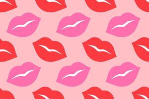 Seamless pattern with red and pink lips on soft pink background. Flat playful, romantic design pastel tones. Perfect for Valentines Day projects, fashion prints, wallpapers, wrapping paper, textiles vector