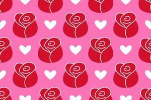 Seamless pattern with red roses and white hearts on pink background. Flat playful, romantic design bright colors. Perfect for Valentines Day projects, fashion prints, wrapping paper, textiles vector