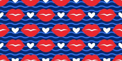 Seamless pattern with red lips and white hearts on blue wavy background. Flat playful, romantic design bright colors. Perfect for Valentines Day projects, fashion prints, wrapping paper, textiles vector