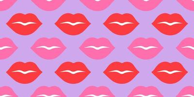Seamless pattern with red and pink lips on soft lilac background. Flat playful, romantic design pastel tones. Perfect for Valentines Day projects, fashion prints, wallpapers, wrapping paper, textiles vector