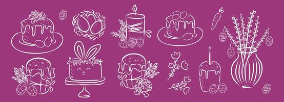 Doodle Easter set. Hand drawn design of kulich, bunny cake, eggs and spring flowers. vector
