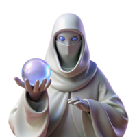elegant traditional A mysterious oracle with veiled eyes and flowing white robes, holding a crystal sphere that shows visions of the future. Surreal style, mystical lighting genuine png
