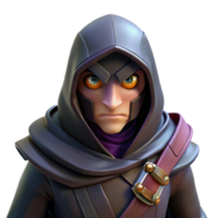 impressive abstract A cunning rogue with a hooded cloak and a pair of daggers, lurking in the shadows. The rogue's eyes gleam with cunning. Dark fantasy style, dim lighting premium png