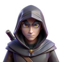 extraordinary creative A cunning rogue with a hooded cloak and a pair of daggers, lurking in the shadows. The rogue's eyes gleam with cunning. Dark fantasy style, dim lighting professional png