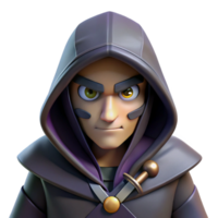 extraordinary traditional A cunning rogue with a hooded cloak and a pair of daggers, lurking in the shadows. The rogue's eyes gleam with cunning. Dark fantasy style, dim lighting premium png