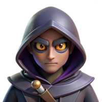 beautiful minimalist A cunning rogue with a hooded cloak and a pair of daggers, lurking in the shadows. The rogue's eyes gleam with cunning. Dark fantasy style, dim lighting detailed png