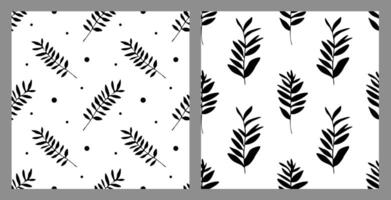Set of seamless patterns with black plants and branches on a white background. Design for printing on fabric, textile and wrapping. Beautiful minimalist ornament for backdrops and wallpapers. vector