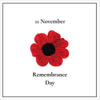 Festive card or poster with red poppies and text Remembrance Day on white background. Symbol of Memorial Day, November 11. Design template for social networks and web mailing vector