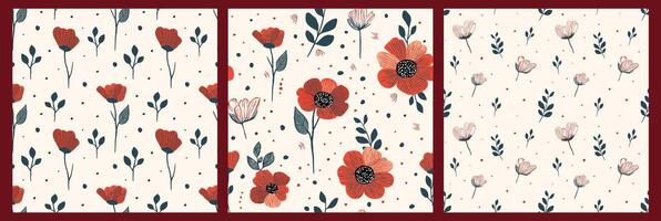 Set of seamless patterns with red poppy flowers on beige background. Design for printing on fabric, textile and wrapping. Beautiful summer ornament for backdrops and wallpapers. vector