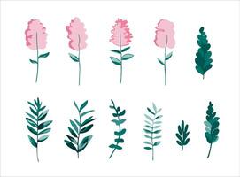 Set of flowers, plants and branches on white background. Clip art design for postcards, stickers and backgrounds in summer and spring style vector