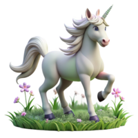 magnificent abstract A whimsical unicorn with a silver horn and a flowing white mane, prancing through a field of wildflowers. Fantasy art style, soft lighting premium png