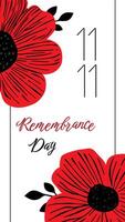 Festive flyer or card with red poppies and text Remembrance Day on white background. Symbol of Memorial Day, November 11. Design template for social networks and web mailing vector
