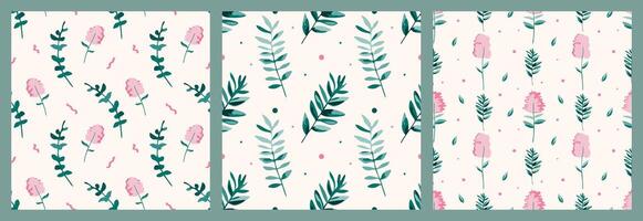 Set of seamless patterns with pink flowers on beige background. Design for printing on fabric, textile and wrapping. Beautiful summer and spring ornament for backdrops and wallpapers. vector