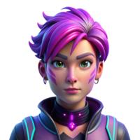 impressive abstract Portrait of a non-binary person with vibrant purple hair and intricate facial tattoos, lit by neon pink and blue lights, in a cyberpunk style authentic png
