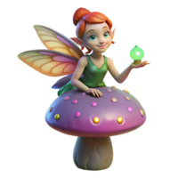 dramatic rustic A mischievous pixie with iridescent wings, perched on a giant mushroom, holding a glowing orb, surrounded by fireflies in a twilight forest. Digital painting style high quality png