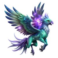 extraordinary creative A majestic griffin with feathers of amethyst and emerald, soaring through a swirling nebula, bathed in the radiant light of a dying star. Fantasy art style exclusive png