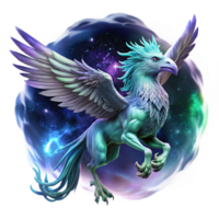 serene vintage A majestic griffin with feathers of amethyst and emerald, soaring through a swirling nebula, bathed in the radiant light of a dying star. Fantasy art style premium png