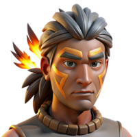 beautiful classic Portrait of a man with tribal face paint and feathers in his hair, lit by dramatic firelight, in a Native American inspired style premium png