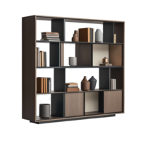 A bookcase with shelves and vases on it png