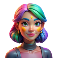 serene creative Portrait of a woman with vibrant, colorful makeup and a playful expression, illuminated by rainbow lighting, in a pop art style exclusive png