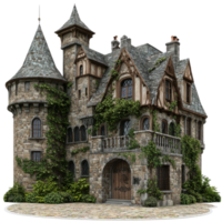 An old castle with a stone tower and a stone walkway png