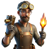 dramatic rustic A portrait of a steampunk blacksmith with intricate goggles, leather apron, and glowing brass tools, lit by flickering gaslight in a chiaroscuro style 4K png