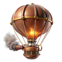 beautiful creative A steampunk-inspired hot air balloon with intricate brass framework, billowing silk panels, and a roaring furnace, floating against a twilight sky 4K png