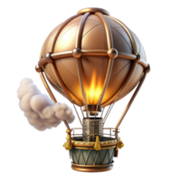 stunning creative A steampunk-inspired hot air balloon with intricate brass framework, billowing silk panels, and a roaring furnace, floating against a twilight sky high resolution png