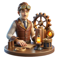 serene artistic A portrait of a steampunk inventor in a cluttered workshop surrounded by gears, tools, and blueprints, lit by the warm glow of an oil lamp exclusive png