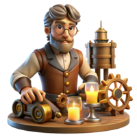 beautiful abstract A portrait of a steampunk inventor in a cluttered workshop surrounded by gears, tools, and blueprints, lit by the warm glow of an oil lamp authentic png