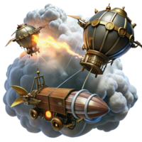 extraordinary minimalist A dynamic scene of a steampunk airship battle with airships firing laser cannons and grappling hooks amidst swirling clouds, lit by dramatic lightning strikes 4K png