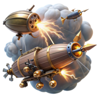 stunning vintage A dynamic scene of a steampunk airship battle with airships firing laser cannons and grappling hooks amidst swirling clouds, lit by dramatic lightning strikes genuine png