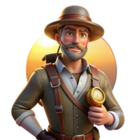 beautiful vintage A portrait of a steampunk explorer with a compass, leather satchel, and a pith helmet, gazing at a distant horizon, lit by the golden rays of the setting sun genuine png