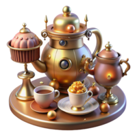 wonderful rustic A whimsical illustration of a steampunk tea party with robotic guests, elaborate brass teapots, and floating pastries, lit by a warm, inviting light detailed png