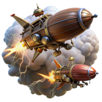impressive vintage A dynamic scene of a steampunk airship battle with airships firing laser cannons and grappling hooks amidst swirling clouds, lit by dramatic lightning strikes professional png