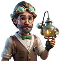 extraordinary modern A portrait of a steampunk doctor with goggles, intricate surgical tools, and a leather apron, examining a patient, lit by the cool, clinical light of a gas lamp premium png