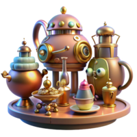 dramatic traditional A whimsical illustration of a steampunk tea party with robotic guests, elaborate brass teapots, and floating pastries, lit by a warm, inviting light professional png