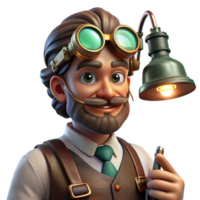 serene creative A portrait of a steampunk doctor with goggles, intricate surgical tools, and a leather apron, examining a patient, lit by the cool, clinical light of a gas lamp high quality png