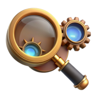 beautiful artistic A steampunk magnifying glass with intricate gears, polished brass frame, and a glowing lens, focusing light onto a piece of paper detailed png