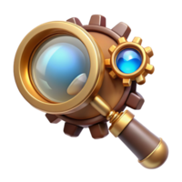 dramatic artistic A steampunk magnifying glass with intricate gears, polished brass frame, and a glowing lens, focusing light onto a piece of paper exclusive png