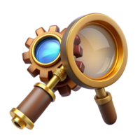 impressive abstract A steampunk magnifying glass with intricate gears, polished brass frame, and a glowing lens, focusing light onto a piece of paper original png