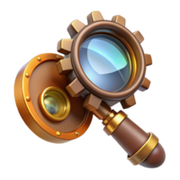 elegant vintage A steampunk magnifying glass with intricate gears, polished brass frame, and a glowing lens, focusing light onto a piece of paper exclusive png