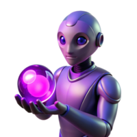 wonderful abstract A genetically engineered humanoid with glowing purple eyes, holding a pulsating orb of energy. Neon lighting, surreal style high quality png
