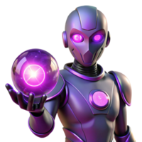 serene traditional A genetically engineered humanoid with glowing purple eyes, holding a pulsating orb of energy. Neon lighting, surreal style high quality png