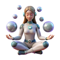 vibrant artistic A young woman with cybernetic implants meditating in zero gravity, surrounded by floating orbs of data. Ethereal lighting, cyberpunk style genuine png