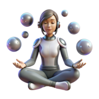 sereno contemporáneo un joven mujer con cibernético implantes meditando en cero gravedad, rodeado por flotante orbes de datos. etéreo Encendiendo, cyberpunk estilo prima png