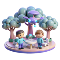 stunning creative A group of children playing with miniature robotic drones in a futuristic park, under the soft glow of artificial trees. Pastel lighting, whimsical style 4K png
