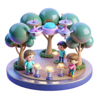 extraordinary creative A group of children playing with miniature robotic drones in a futuristic park, under the soft glow of artificial trees. Pastel lighting, whimsical style original png