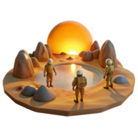 dramatic abstract A group of explorers discovering a hidden oasis on a barren desert planet, illuminated by the warm glow of a twin sunset. Golden hour lighting, realistic style premium png
